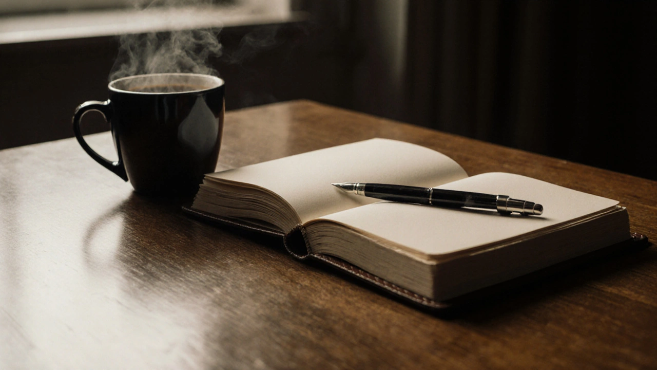 A leather journal and coffee cup on a wooden table, symbolizing quiet reflection and companionship.
