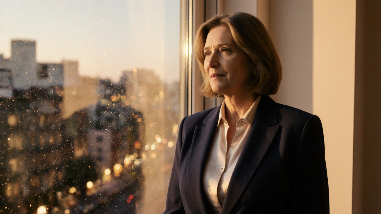 A mature woman in a blazer smiling confidently against a city skyline at dusk.