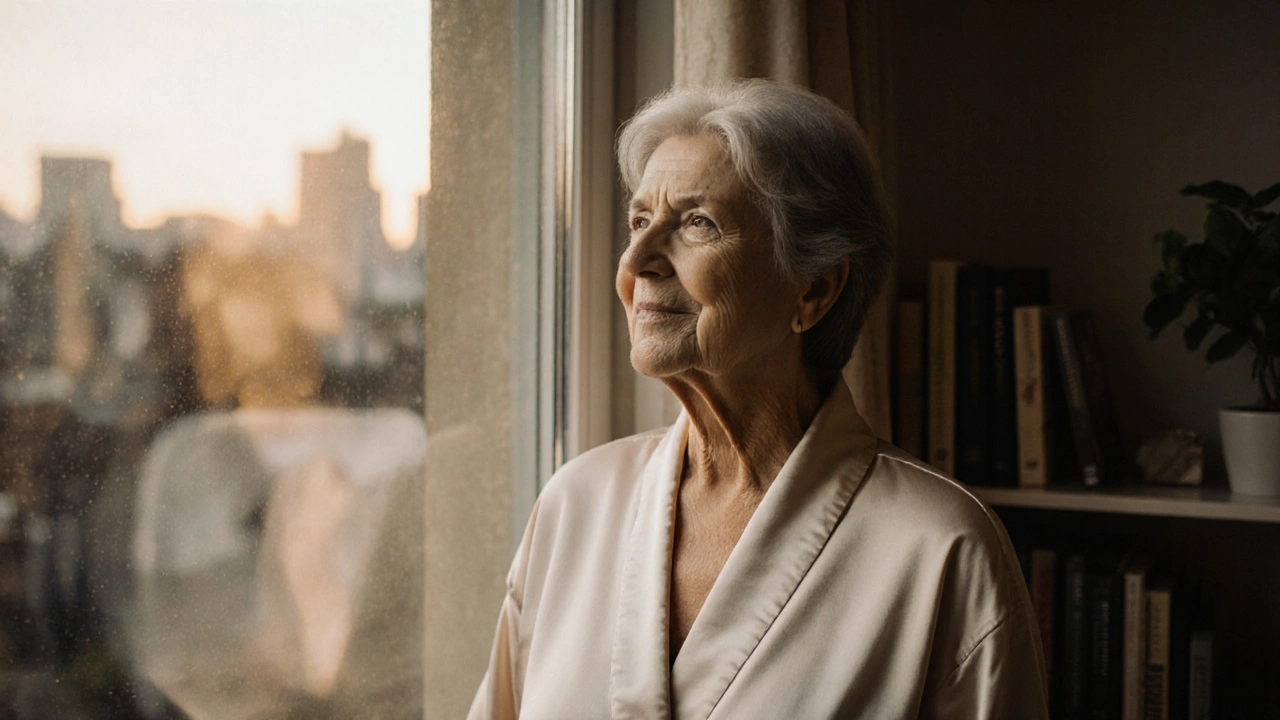 A mature woman in a silk robe standing by a window in a calm London apartment.