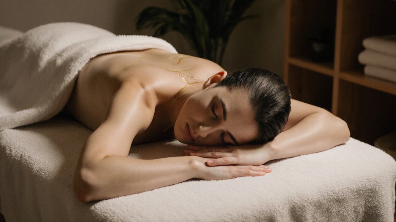 A person lying on a massage table covered with a towel, peaceful and still.