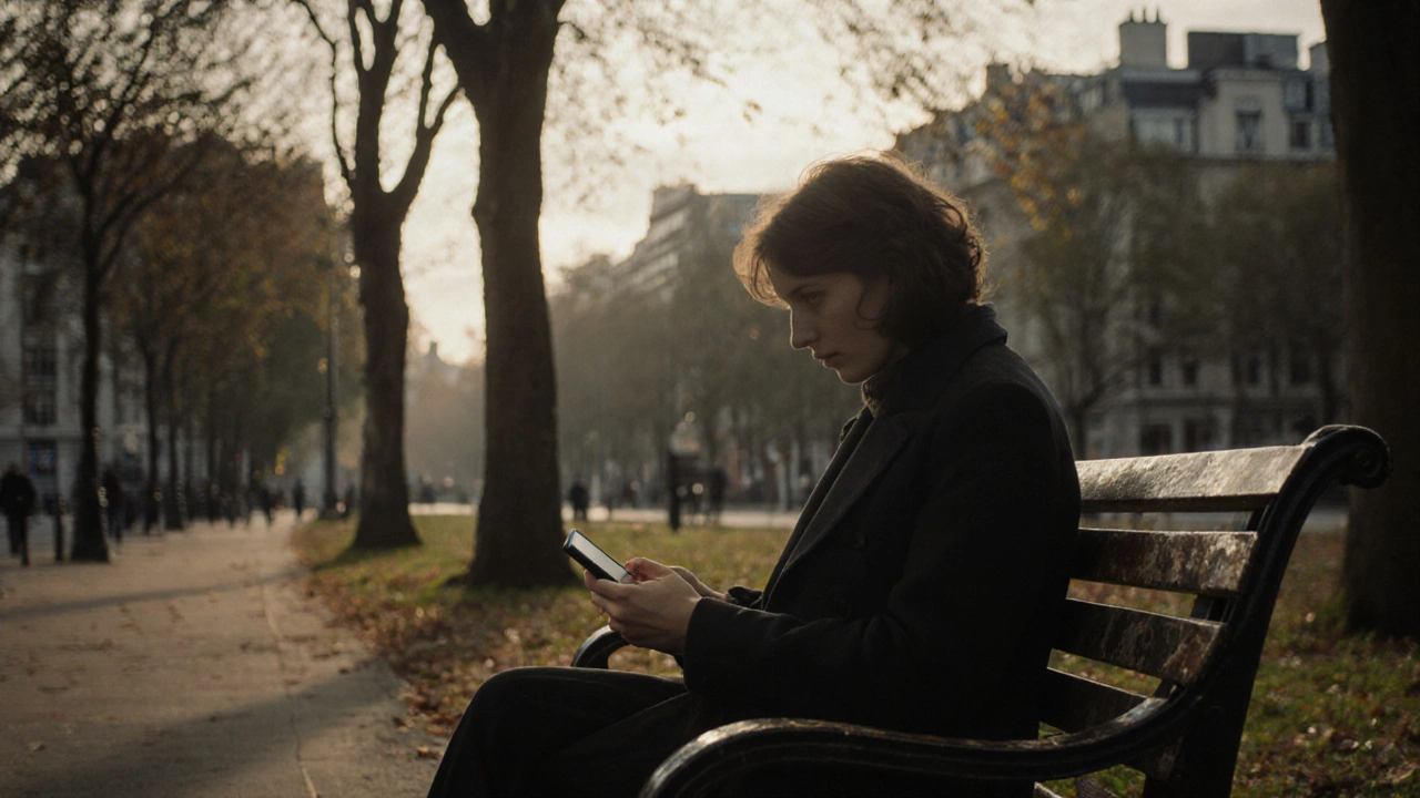 A person sitting alone on a London park bench, thinking while looking at their phone.