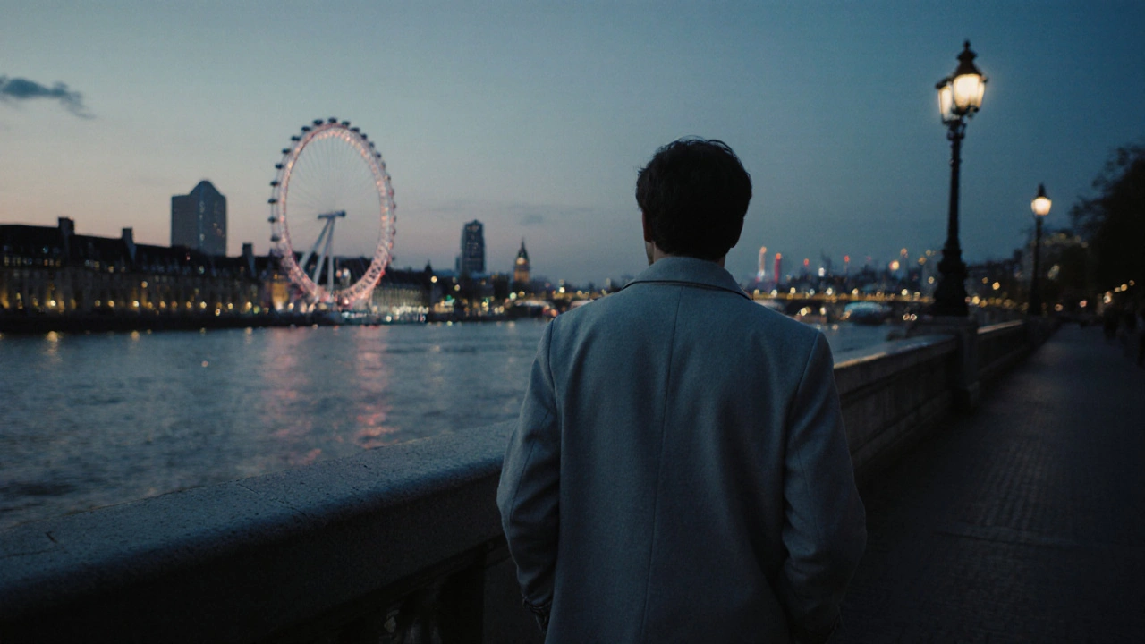 A person walking alone along the Thames at dusk, city lights glowing.