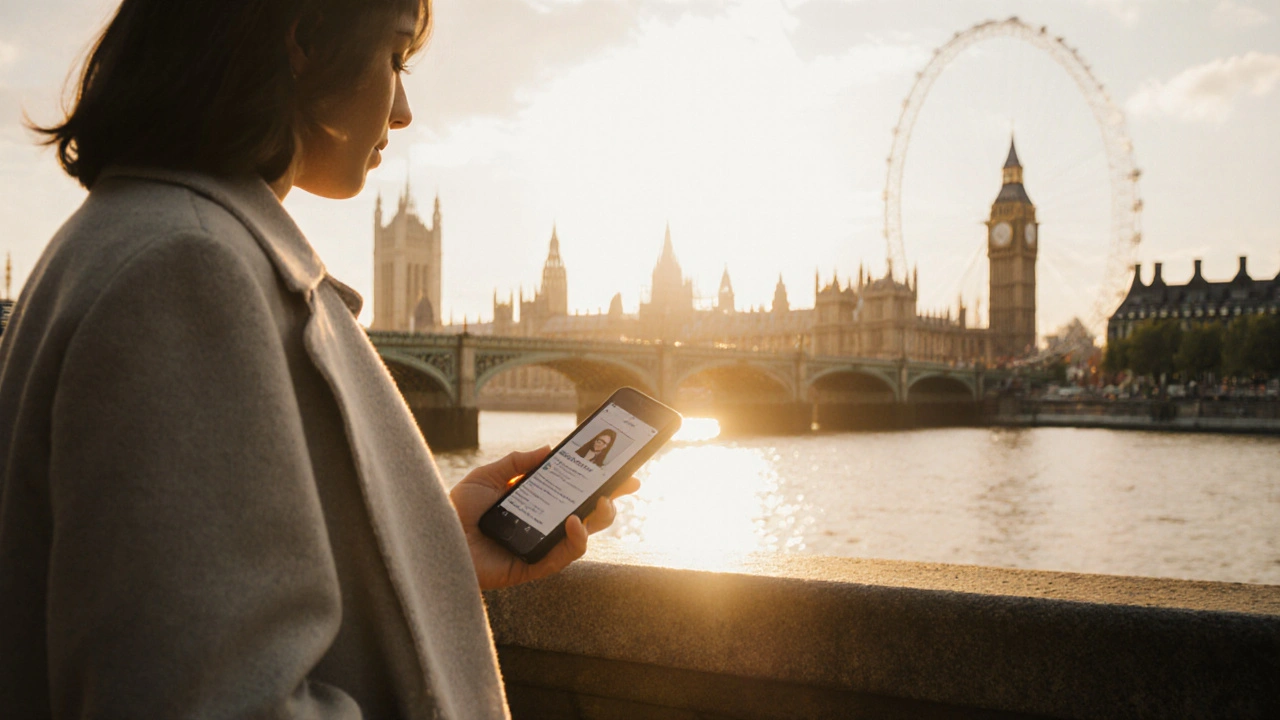 A person walking along the Thames at sunset, relaxed and alone.