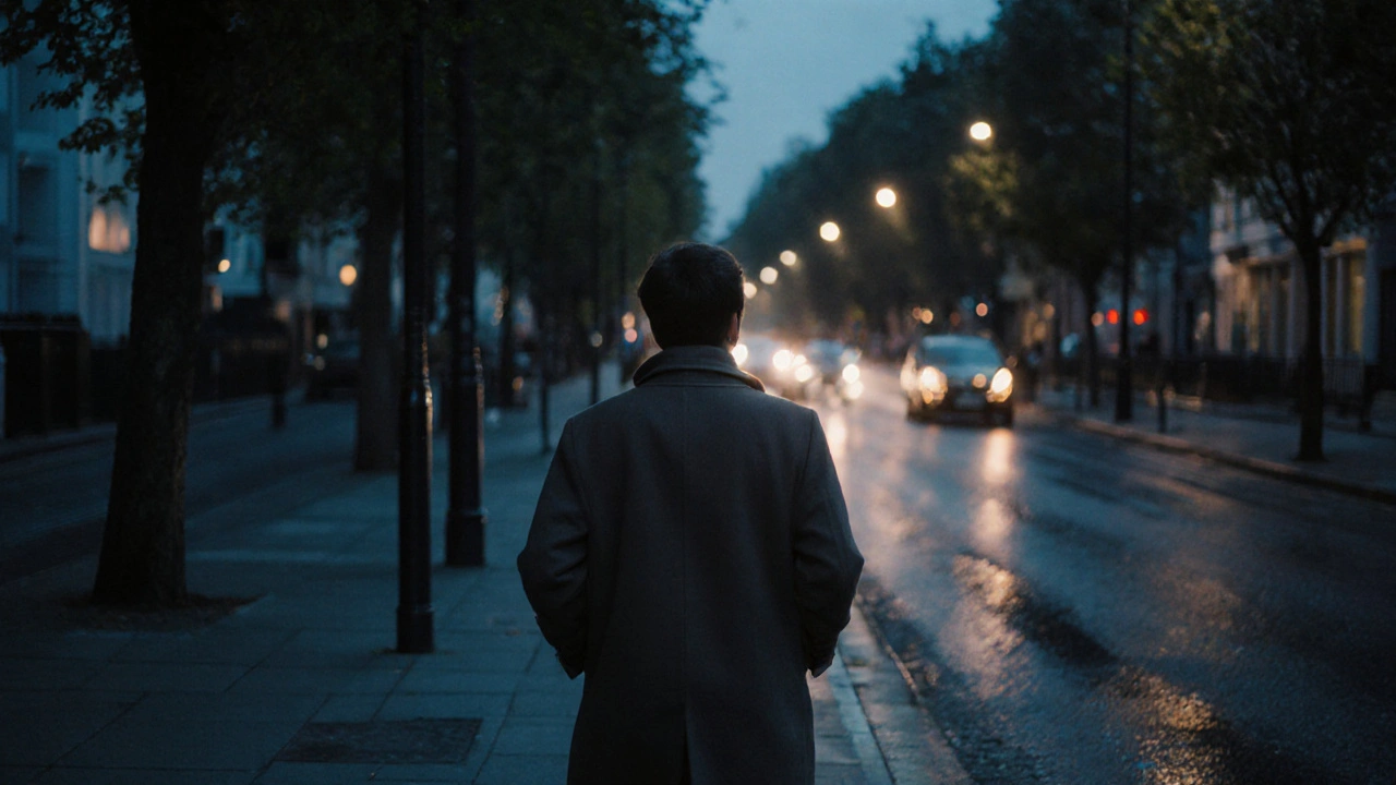 A person walking confidently in East London at dusk, surrounded by soft streetlight glow.