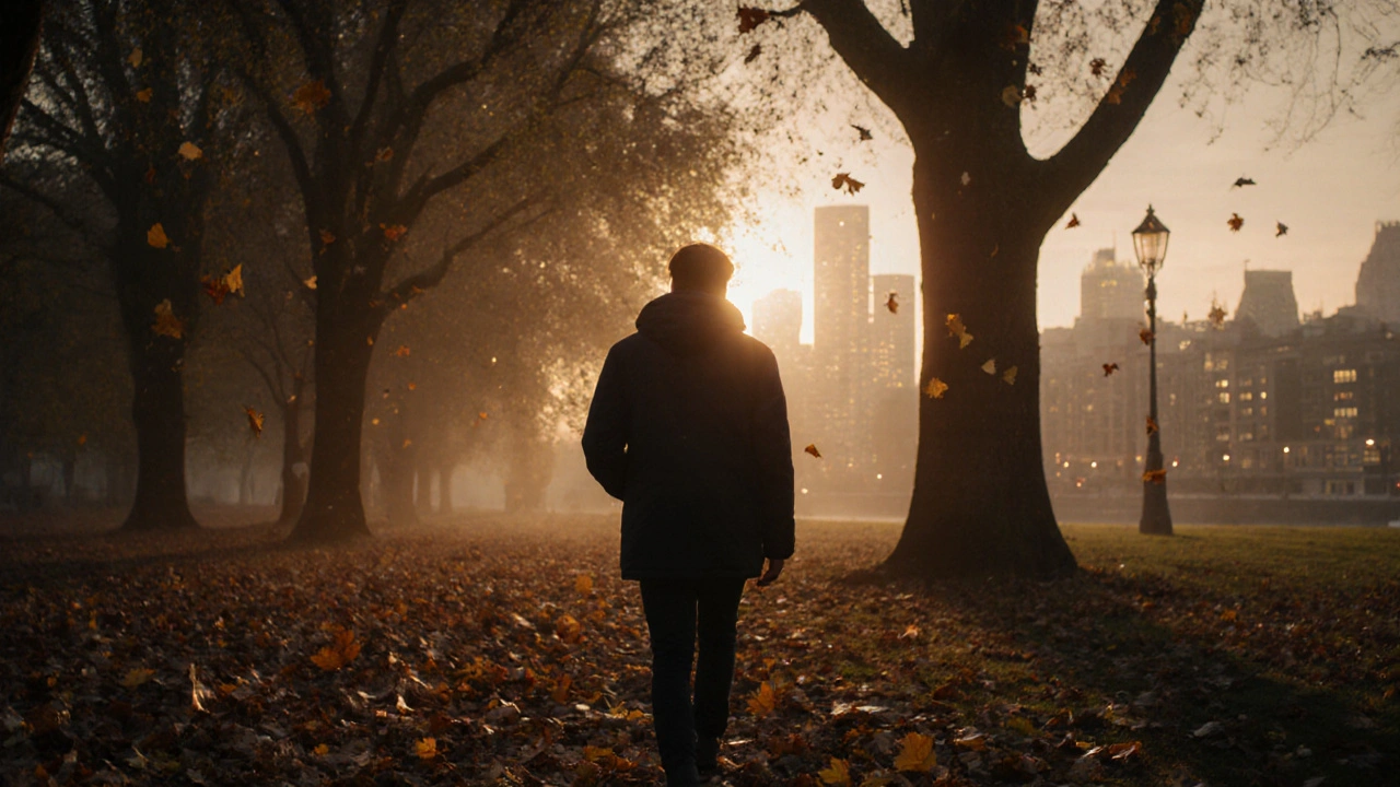 A person walking peacefully in a London park at dusk, surrounded by falling leaves.