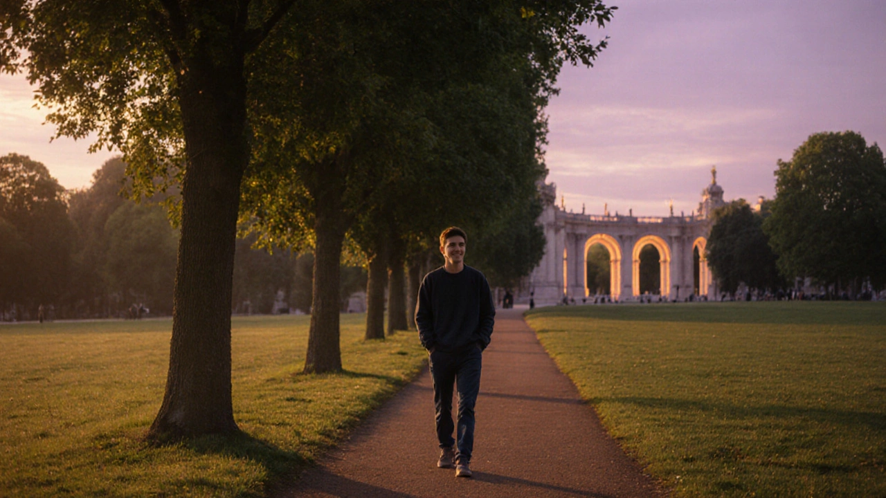 A person walking peacefully through Crystal Palace Park at sunset.