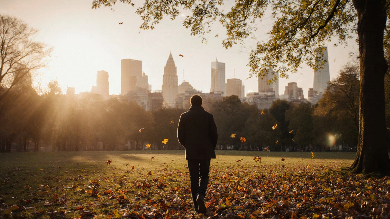 A person walking peacefully through Hyde Park at sunset.