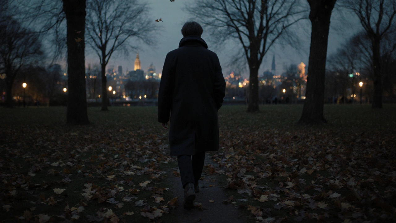 A person walking thoughtfully in a quiet London park at dusk, surrounded by autumn leaves.
