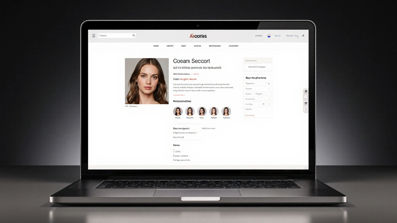 A professional escort website interface on a laptop, showing a calm, clutter-free profile design.