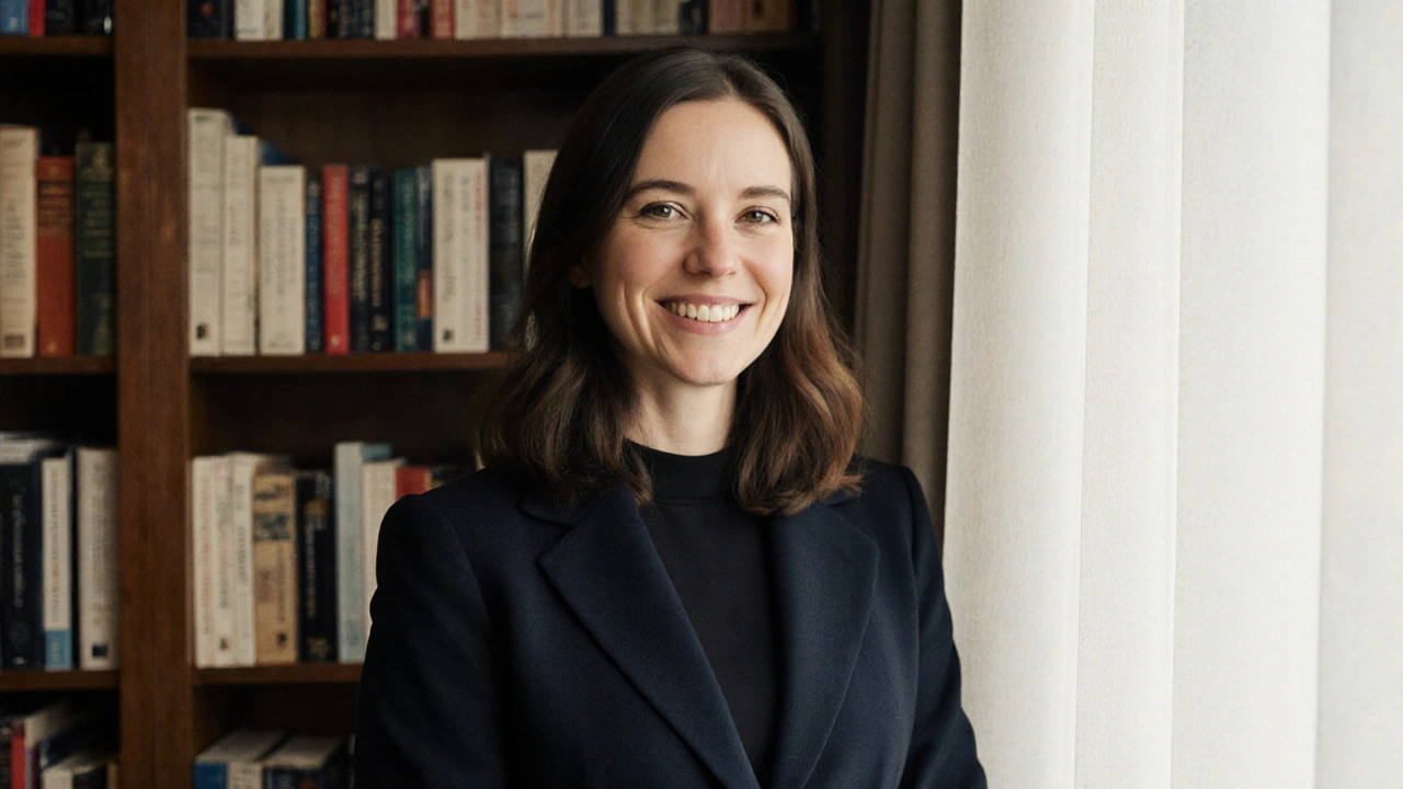 A professional woman standing near a bookshelf, exuding quiet confidence and warmth.