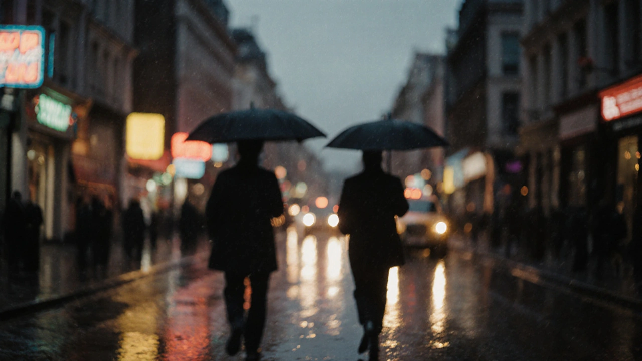 A rainy London street at twilight with blurred figures walking under umbrellas.