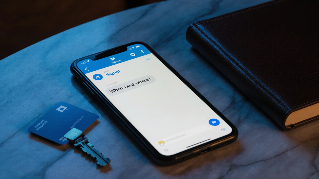 A smartphone screen displaying an encrypted message with no faces or emojis, resting on a wooden surface.