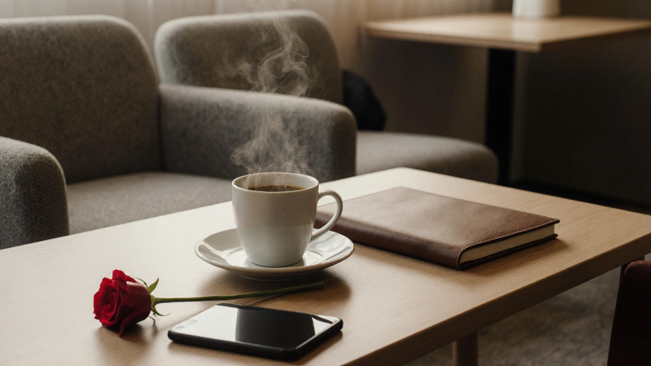 A table with coffee, notebook, and phone symbolizing a planned companion meeting.