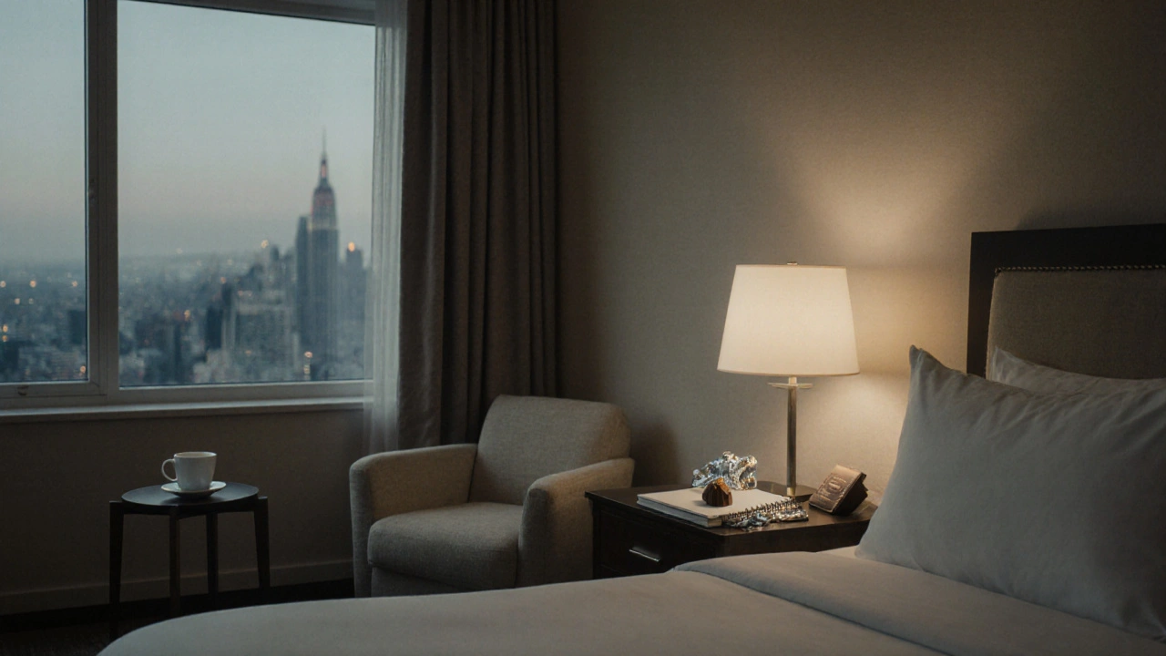 A tidy hotel room with coffee and a notebook, suggesting a quiet, respectful meeting.