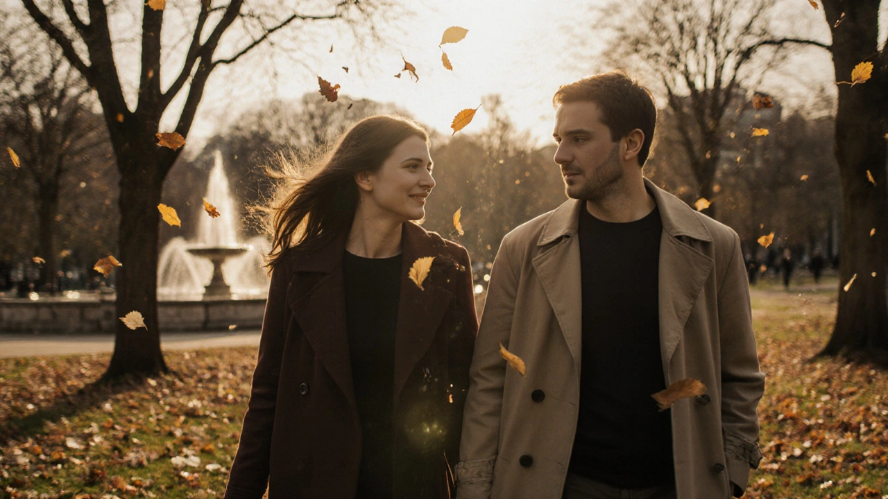A woman and man walking through Hyde Park in autumn, smiling naturally.