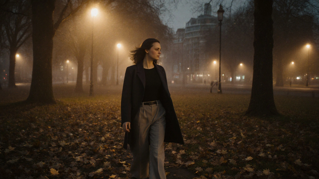 A woman walking confidently through a London park at dusk, calm and alone.