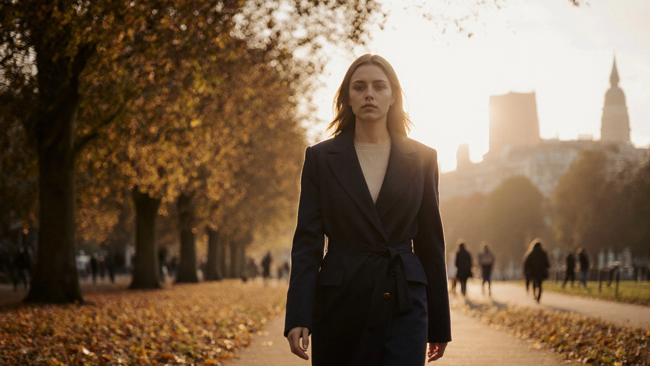 A woman walking peacefully through Hyde Park at sunset, calm and composed in the golden light.