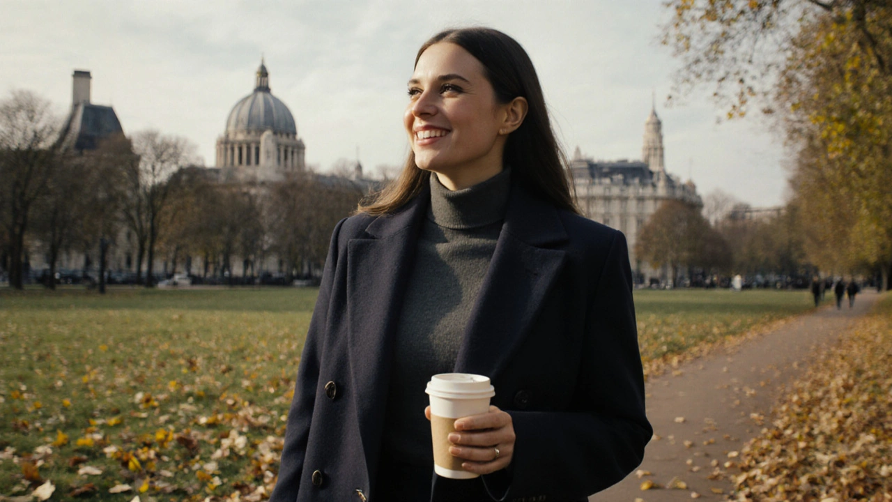 A woman walking through Hyde Park holding a coffee cup, smiling calmly.