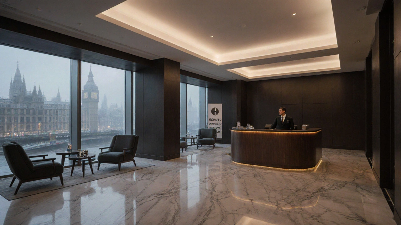 An empty, quiet hotel lobby with marble floors and subdued lighting.