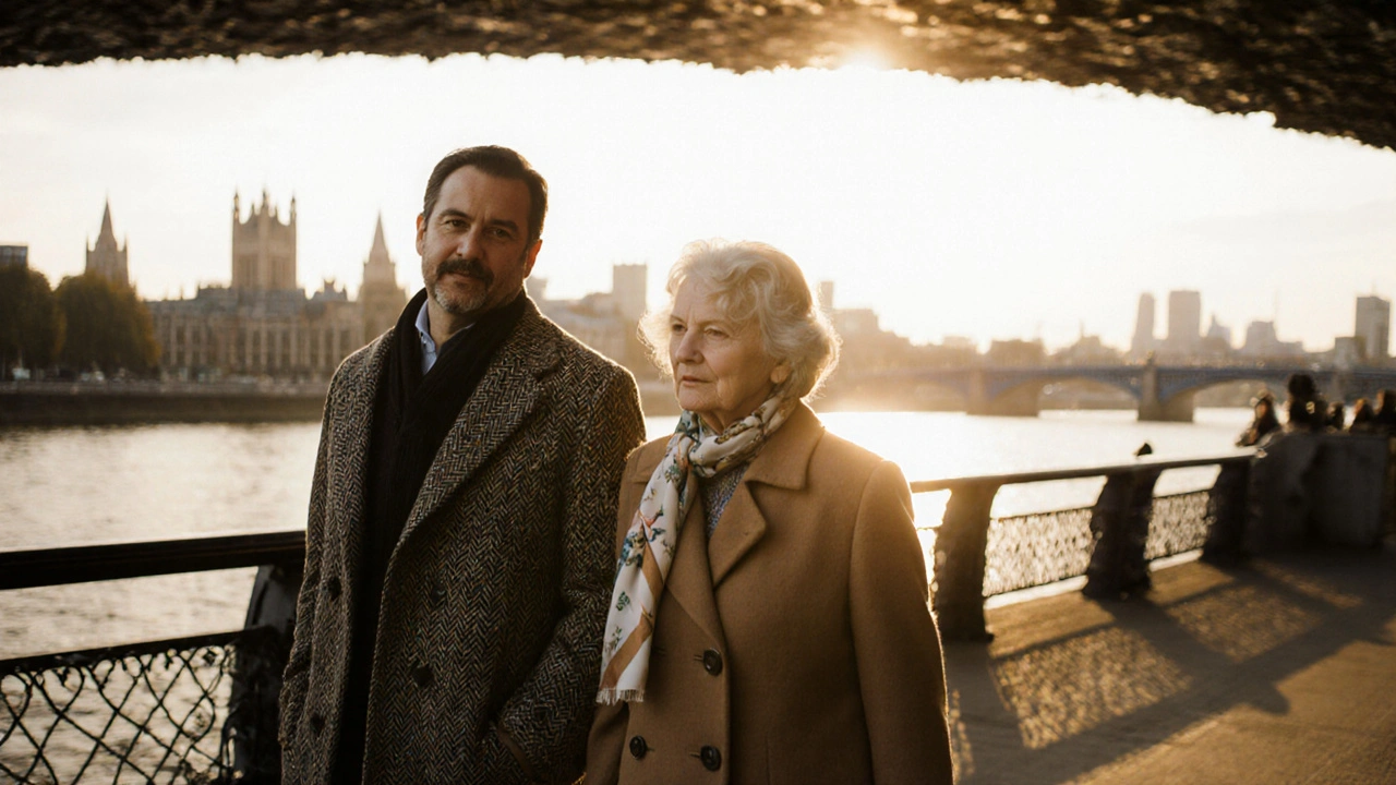 An older woman and man walking together along the Thames at sunset.