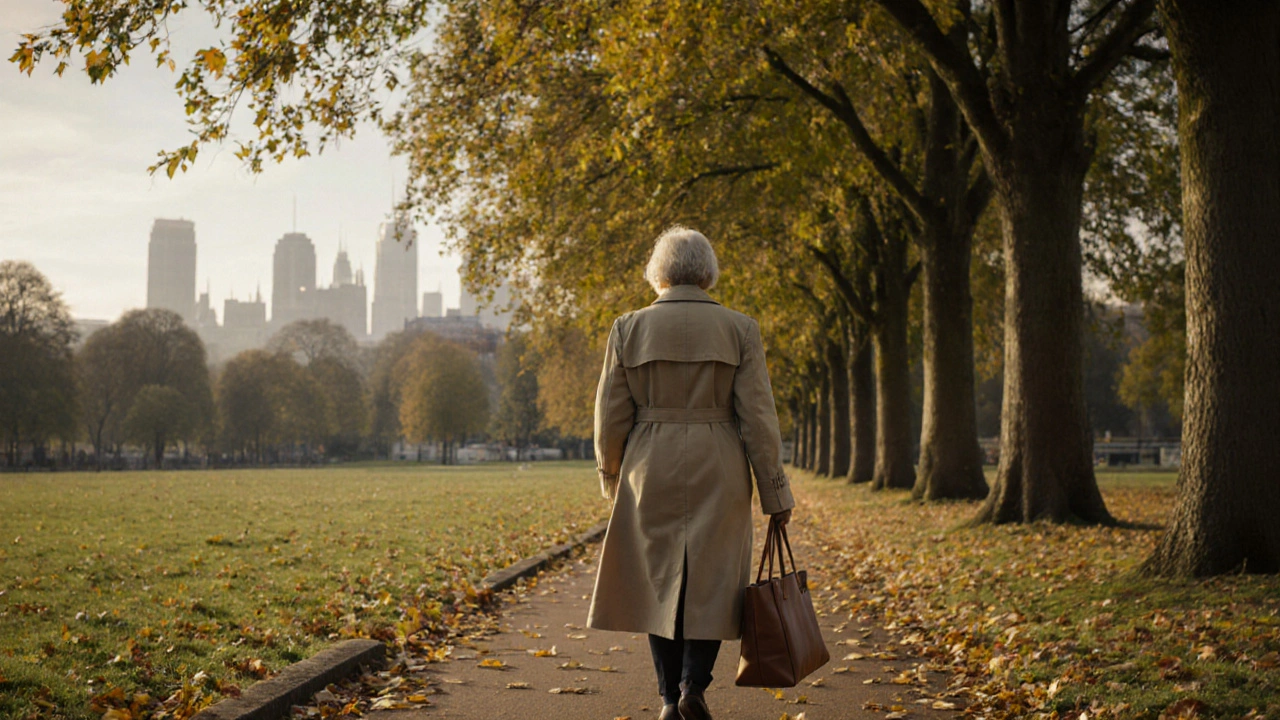 An older woman walking peacefully in Hyde Park during autumn, wearing a trench coat.