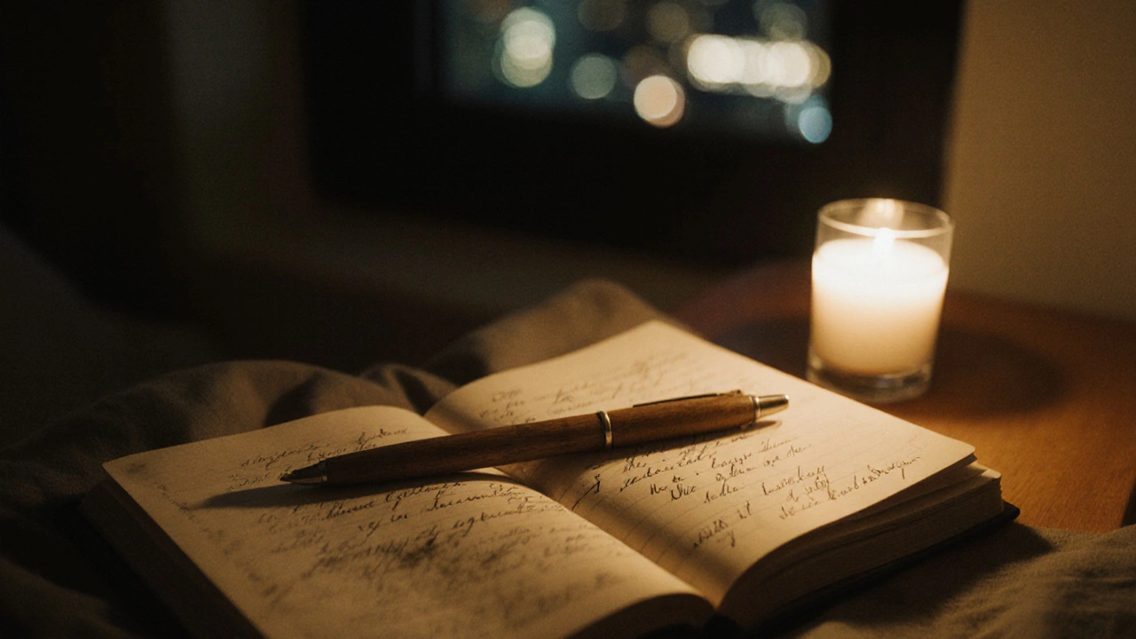 An open journal and candle on a bedside table, city lights visible through the window.