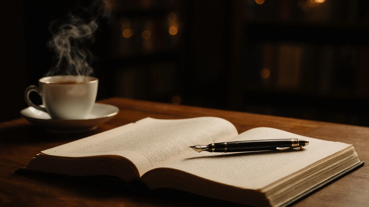 An open journal and teacup on a wooden desk with soft focus background.