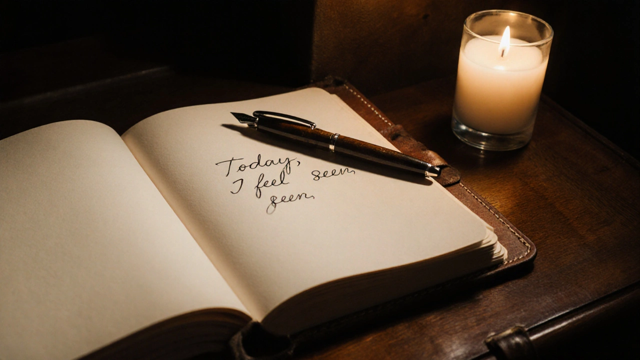 An open journal on a wooden desk with the words &#039;Today, I felt seen&#039; written in cursive.