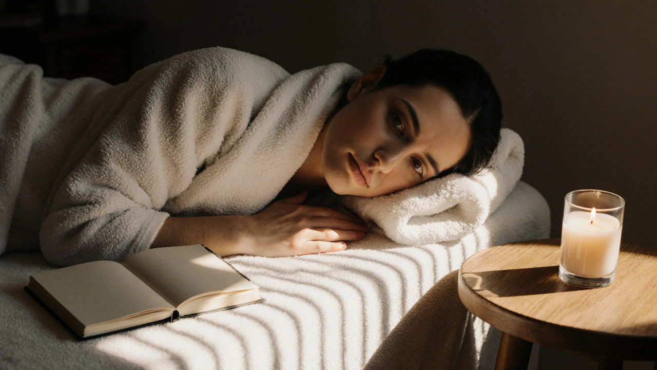 Client wrapped in a towel after a session, lying peacefully with journal and tea beside them.