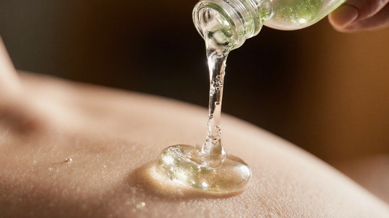 Close-up of translucent nuru gel being applied to skin, shimmering like liquid silk.