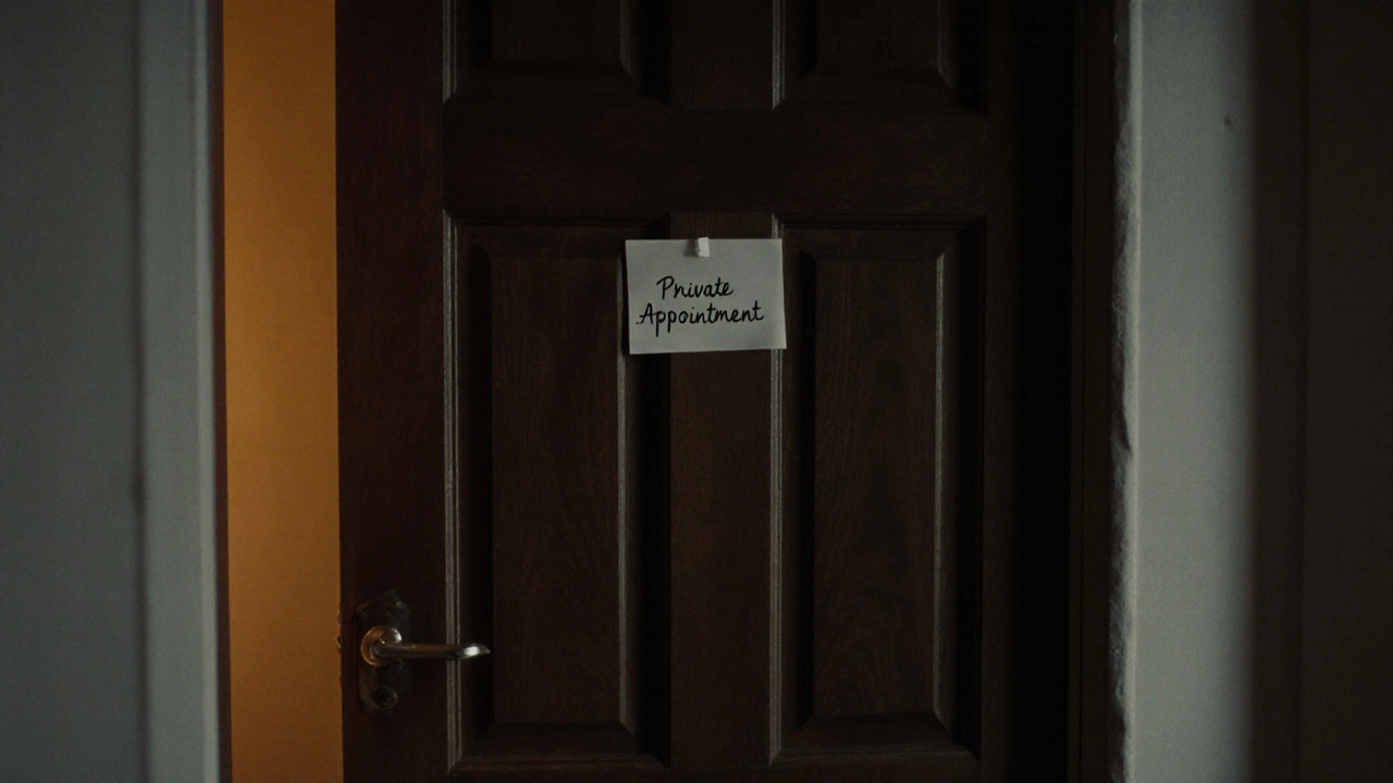 Closed door with &#039;Private Appointment&#039; sign in a London hallway.