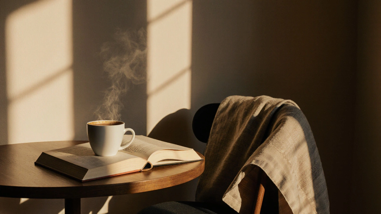 Cozy apartment interior with coffee cup and open book, peaceful and personal.