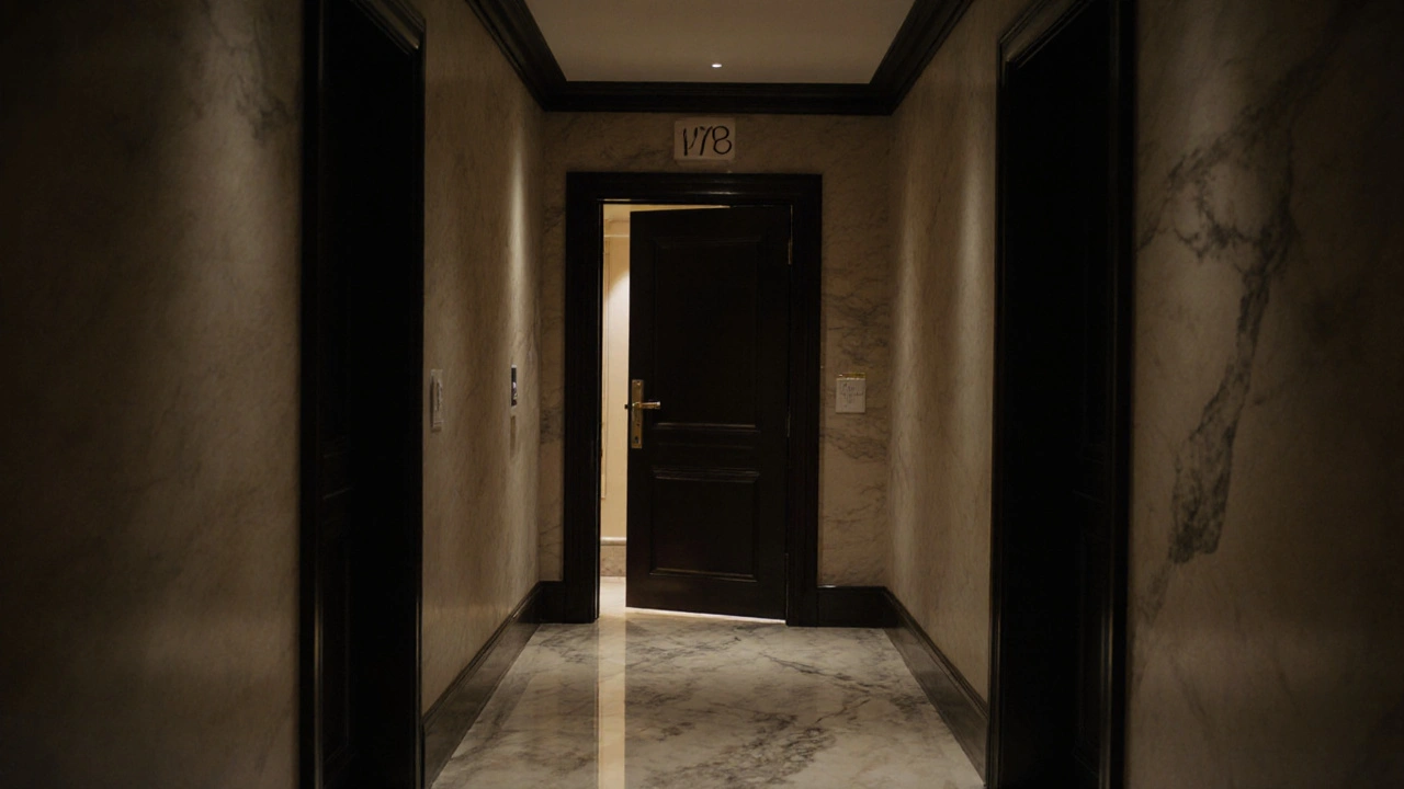 Empty luxury hotel hallway with one door slightly open, quiet and private atmosphere.