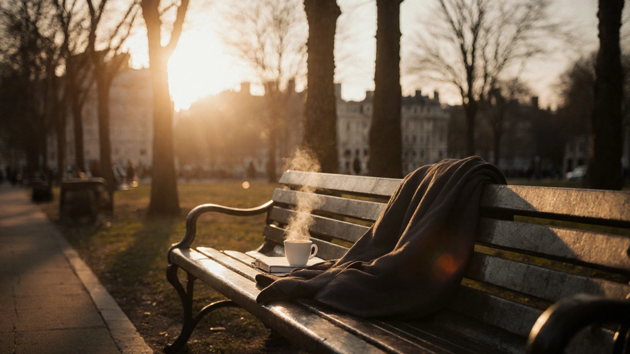 Empty park bench in London at sunset with tea and journal nearby.