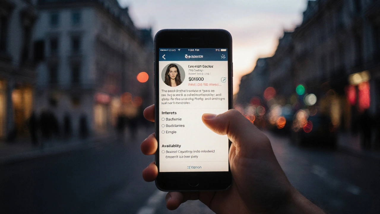 Hand holding a smartphone showing a professional companion&#039;s profile.