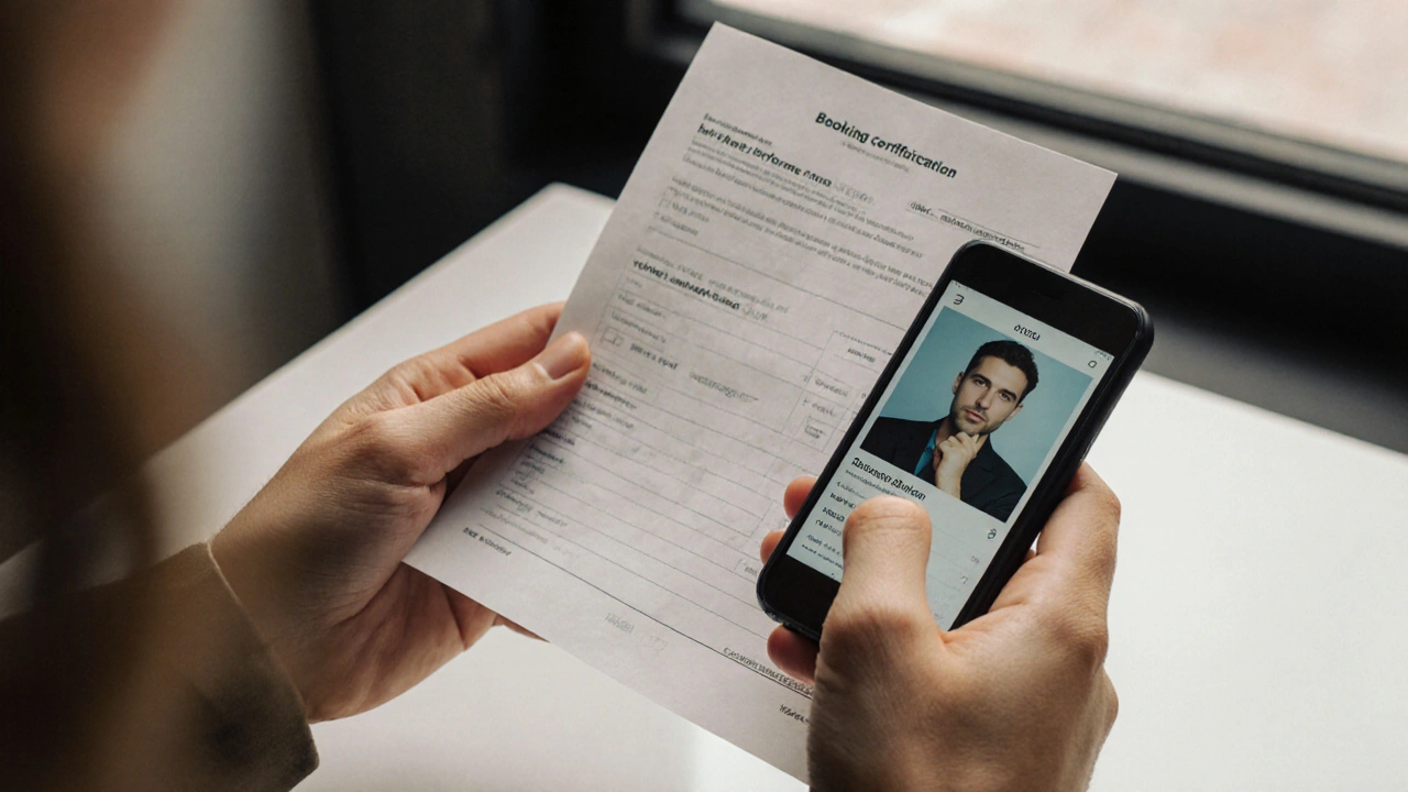 Hands holding a booking confirmation and a phone showing a verified performer profile.