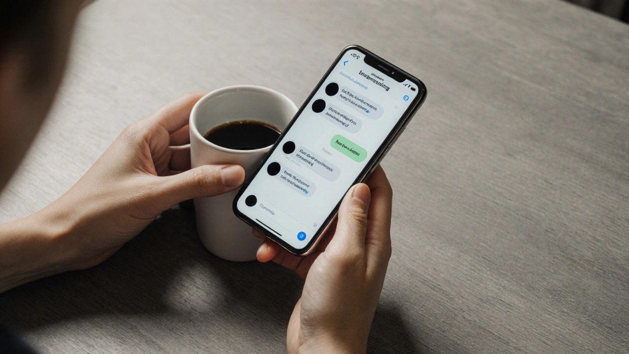 Hands holding a coffee cup with a discreet messaging app visible on a phone.