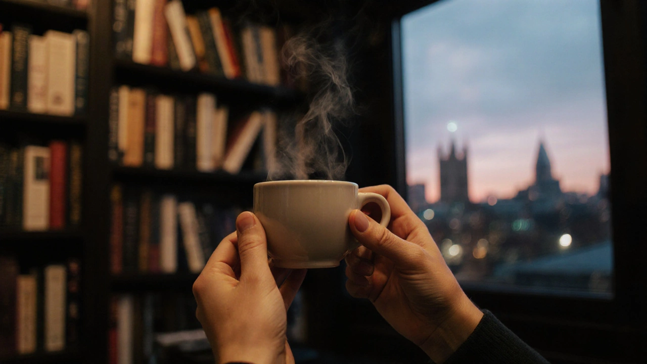 Hands holding a coffee cup with bookshelves and London skyline in the background.