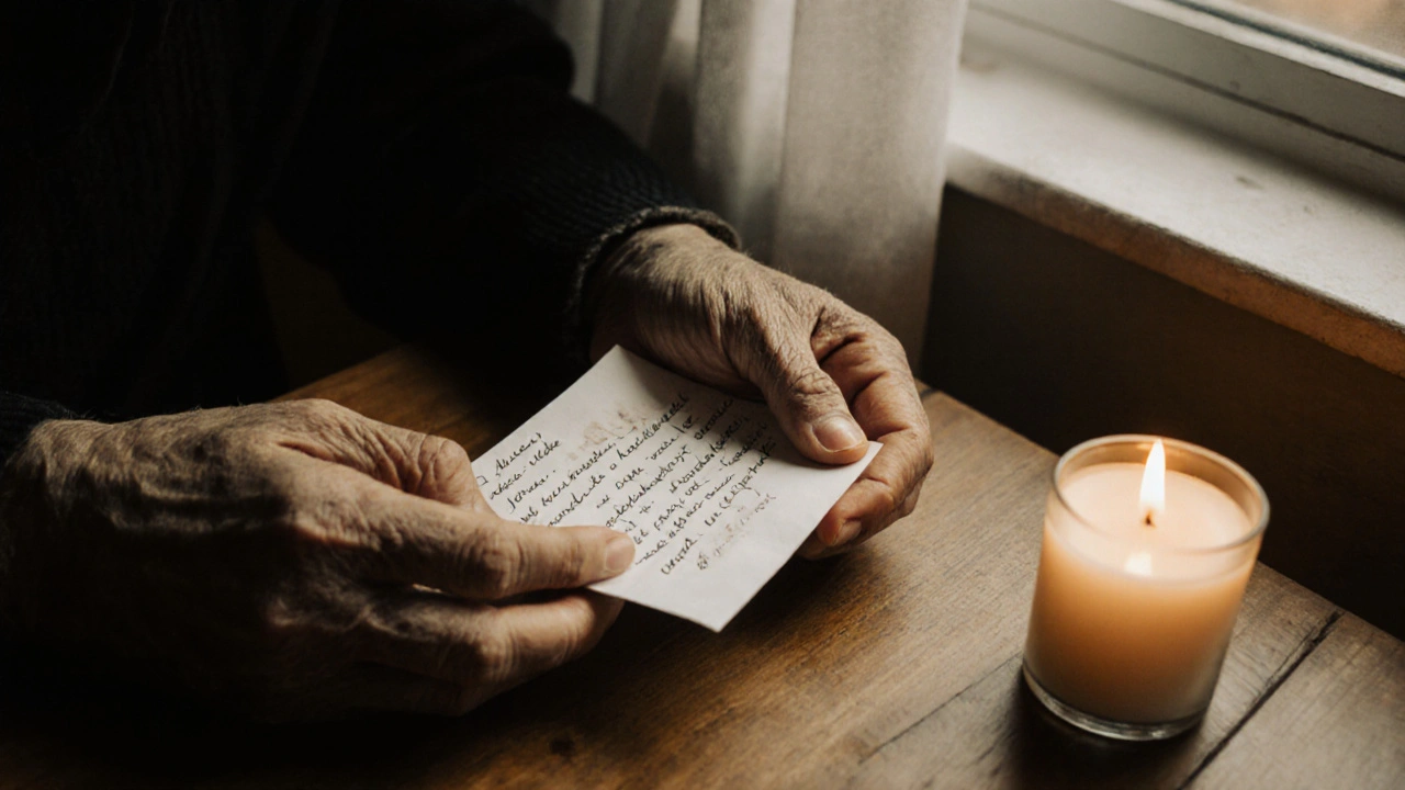 Hands holding a handwritten note on a wooden table with a flickering tea candle.