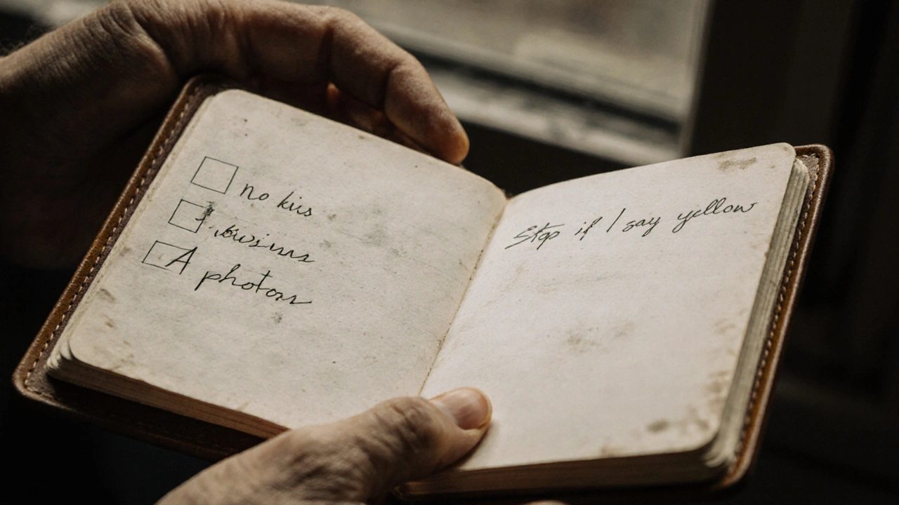 Hands holding a notebook with handwritten boundaries like &#039;No kissing&#039; and &#039;Stop if I say yellow&#039;.