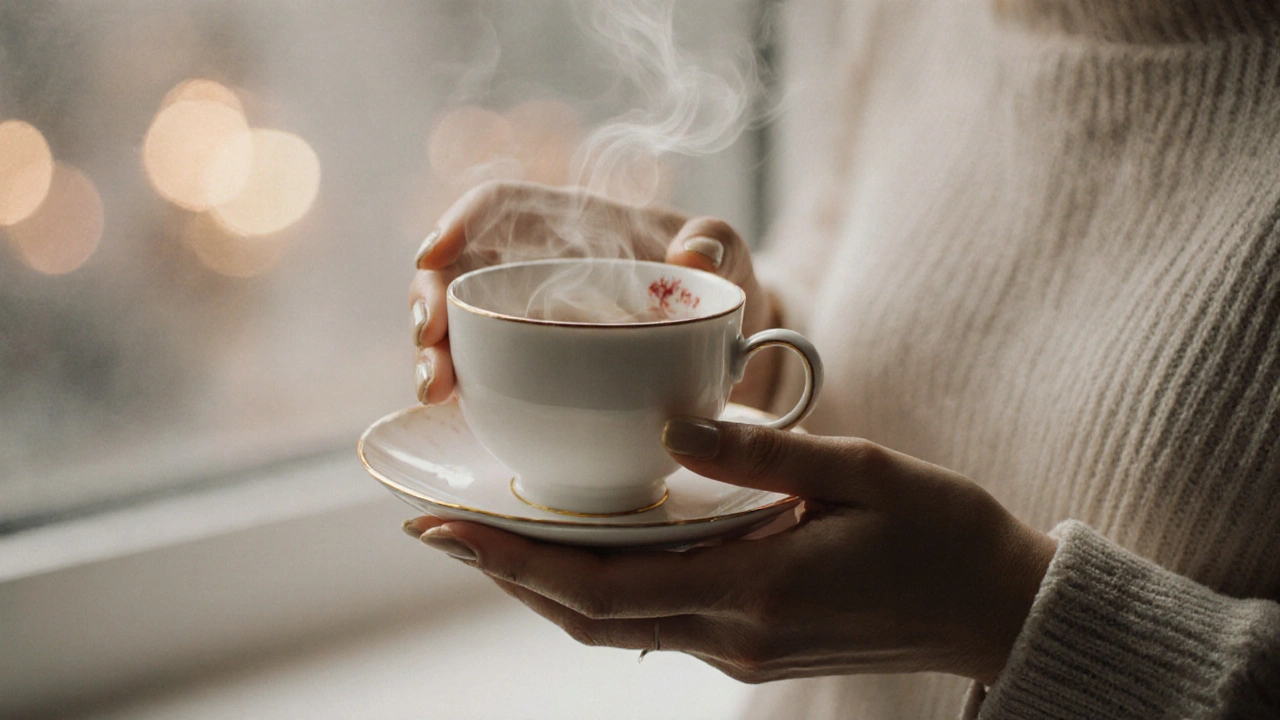 Hands holding a porcelain teacup with steam rising in soft light