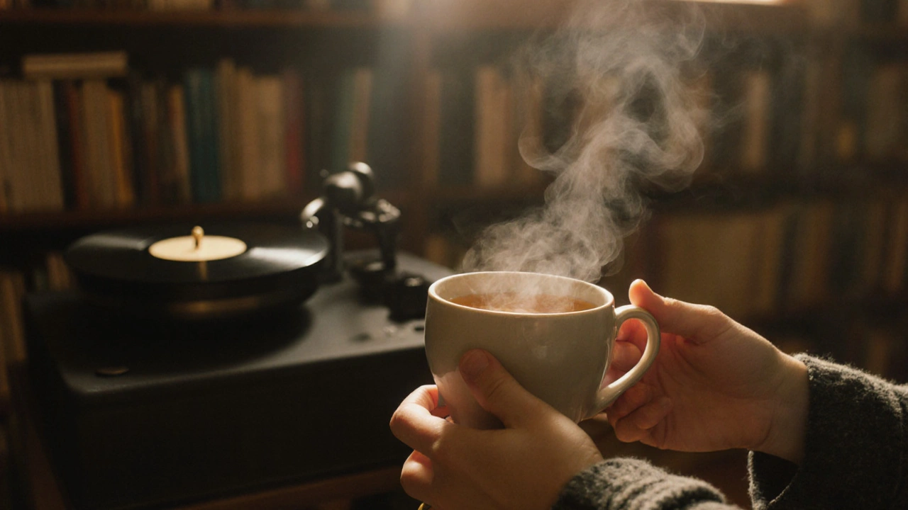 Hands holding a warm cup of tea with a cozy room in the background.