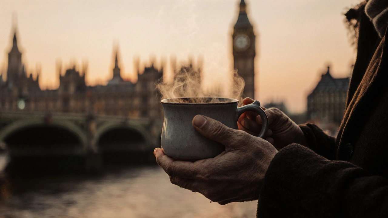 Hands holding a warm mug with a blurred London skyline in the background at dusk.