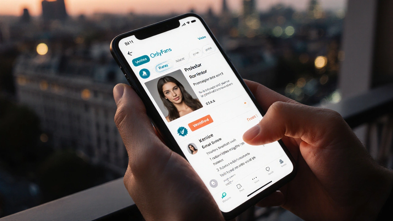 Hands holding smartphone showing a verified OnlyFans performer profile in low light.
