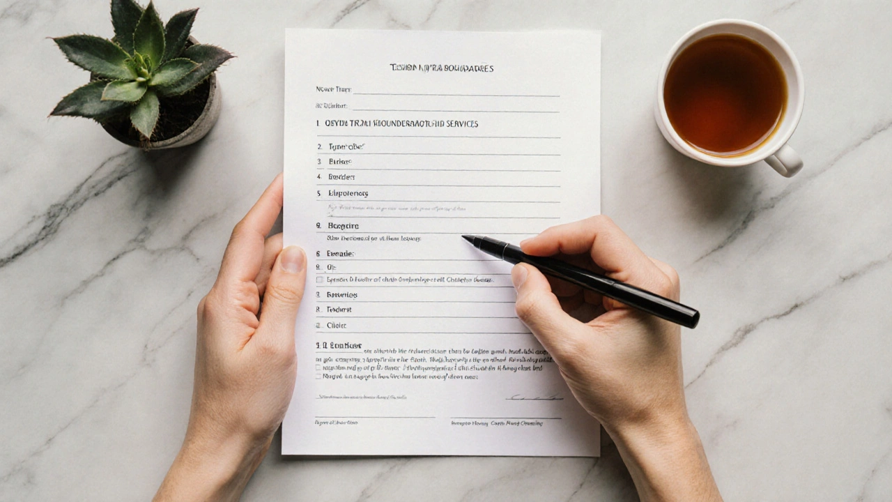 Hands signing a printed list of boundaries with tea and a plant beside them, symbolizing respectful communication.