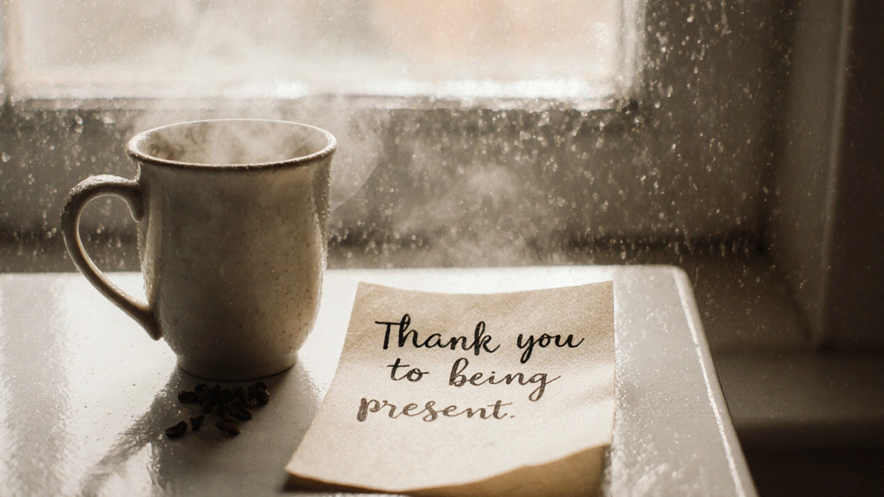 Handwritten note beside a steaming mug on linen paper, calm and intimate.