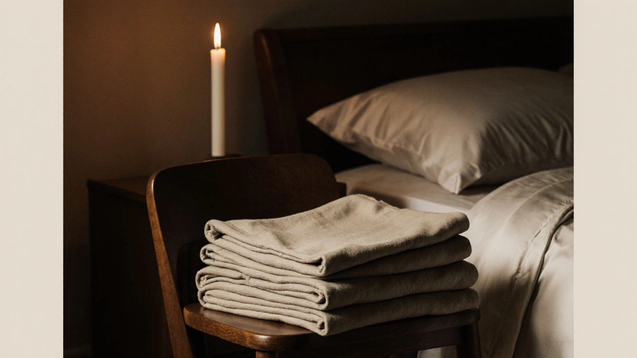 Neatly folded clothes and candle on wooden chair beside silk sheets