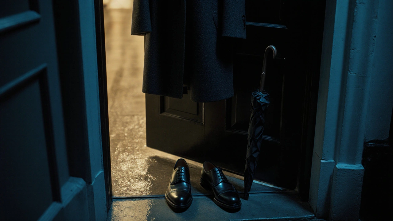 Polished shoes and coat hanging by a door in a quiet hallway at dusk.