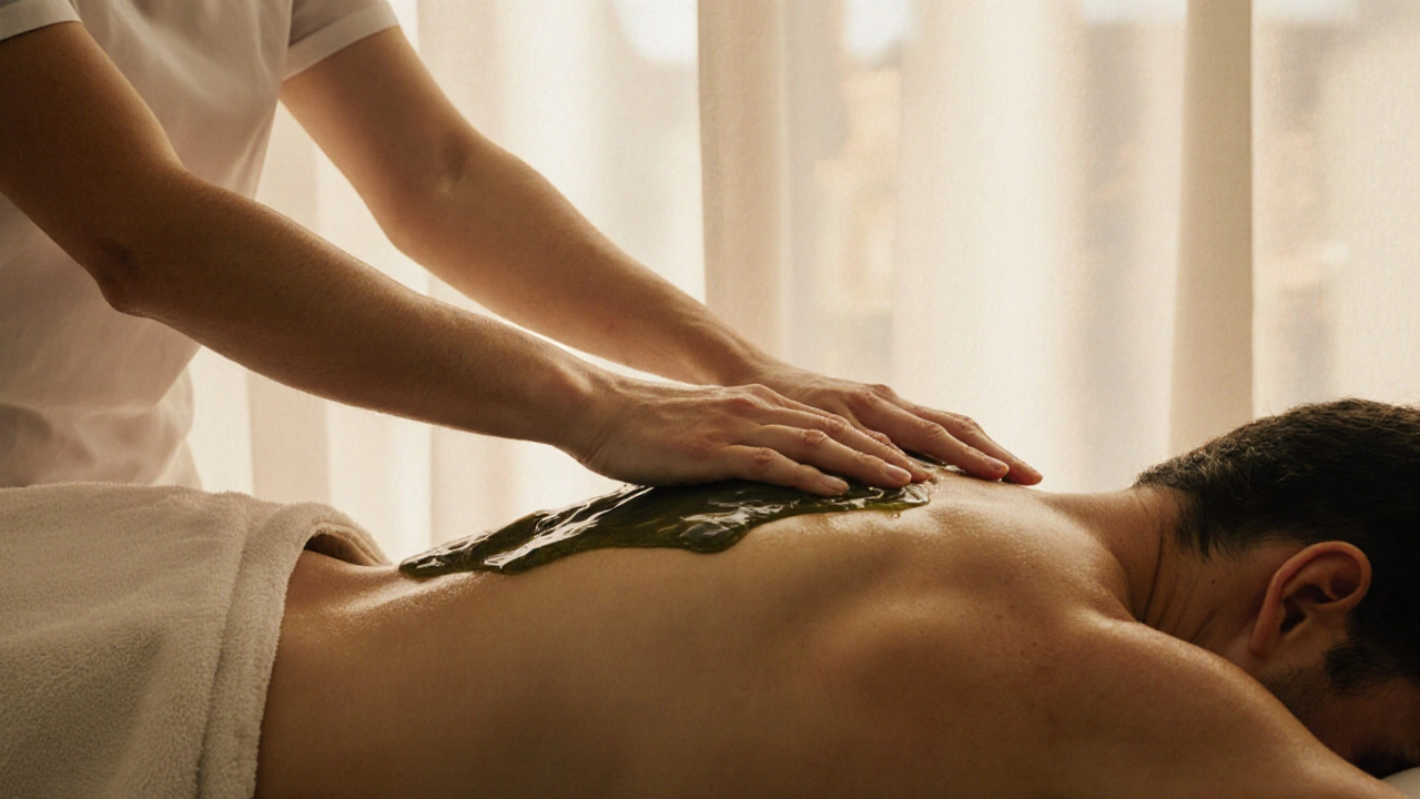 Practitioner&#039;s hands gliding gently over a client&#039;s back with a thin towel and gel sheen.