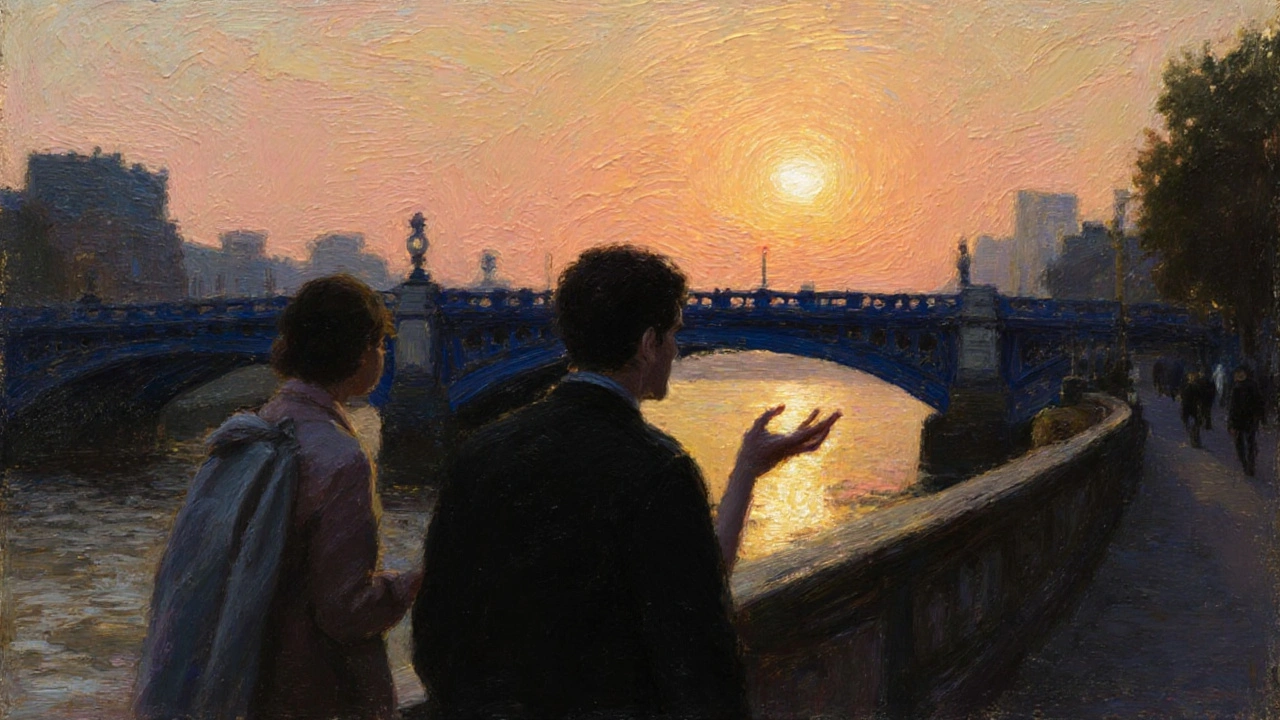 Silhouettes walking together along the Thames at sunset.